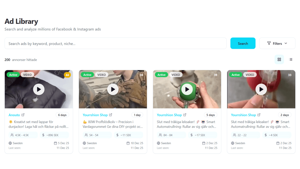 Filtering interface with Reach Growth and Ad Spend filters